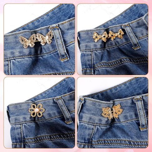 8 Sets Pant Waist Tighteners for Women, Detachable Waist Adjustment Buckles for Loose Jeans Butterfly Flower Bow Adjustable Jeans Button Pins No Sewing Waist Tightener Button Clothing Accessories in Kuwait