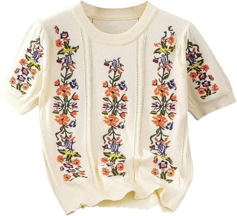 SHENHE Women's Lightweight Embroidered Sweater Floral Crew Neck Cable Knit Top in Saudi Arabia