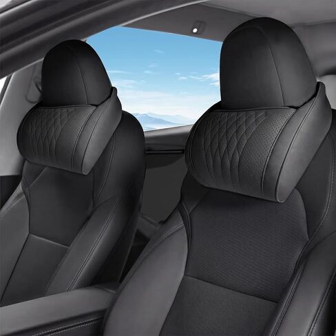 2 PCS Car Neck Headrest Pillow for Tesla Model Y Juniper Model 3 Highland Model S/X/Cybertruck Accessories, Nappa Leather Memory Foam Neck Support for People Above or Below 5'7" (Black) in Kuwait