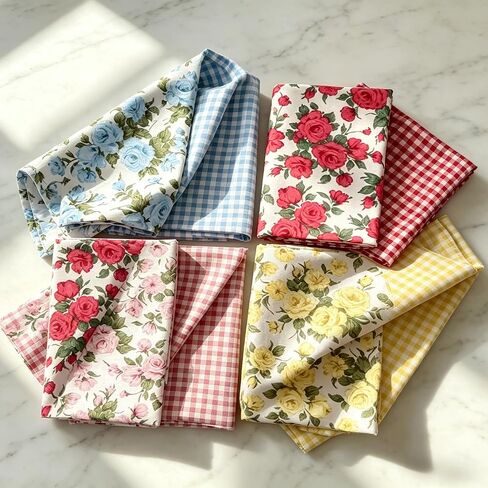 8 Pcs Floral & Gingham Print Precut Fabric Squares, 10" x 10" Rose & Plaid Cotton Fabric Bundle, Quilting & Sewing Craft Supplies for DIY Patchwork Projects in Kuwait