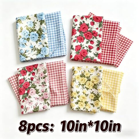 8 Pcs Floral & Gingham Print Precut Fabric Squares, 10" x 10" Rose & Plaid Cotton Fabric Bundle, Quilting & Sewing Craft Supplies for DIY Patchwork Projects in Kuwait