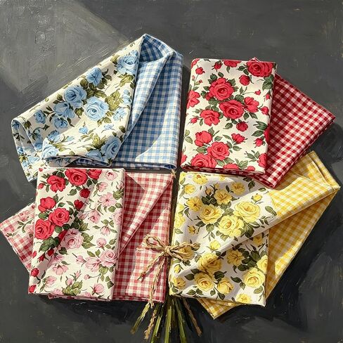 8 Pcs Floral & Gingham Print Precut Fabric Squares, 10" x 10" Rose & Plaid Cotton Fabric Bundle, Quilting & Sewing Craft Supplies for DIY Patchwork Projects in Kuwait