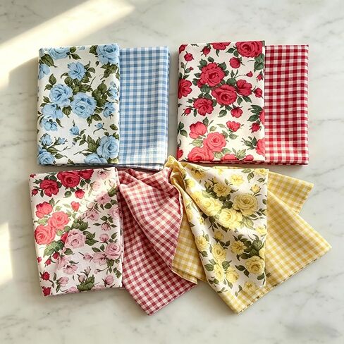 8 Pcs Floral & Gingham Print Precut Fabric Squares, 10" x 10" Rose & Plaid Cotton Fabric Bundle, Quilting & Sewing Craft Supplies for DIY Patchwork Projects in Kuwait