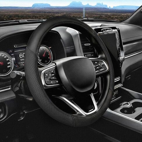Car Steering Wheel Cover for Dodge Journey 2017-2025, Car Accessories Steering Wheel Cover for Women Men, Nappa Leather Anti-Slip Breathable, O-Shaped Standard Size (14.5"-15" - Black) in Saudi Arabia