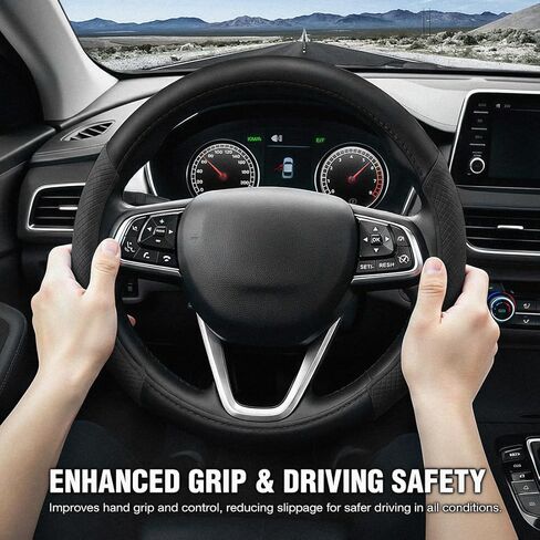 Car Steering Wheel Cover for Dodge Journey 2017-2025, Car Accessories Steering Wheel Cover for Women Men, Nappa Leather Anti-Slip Breathable, O-Shaped Standard Size (14.5"-15" - Black) in Saudi Arabia