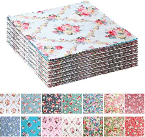 42Pcs 9.8"x9.8" Quilting Cotton Fabric Squares, Sewing DIY Patchwork Craft Fabric, Pre-Cut Printed Floral Craft Fabrics, Colorful Flower Quilting Patchwork Square with Wavy Edges, for DIY Handmade Dec in Kuwait