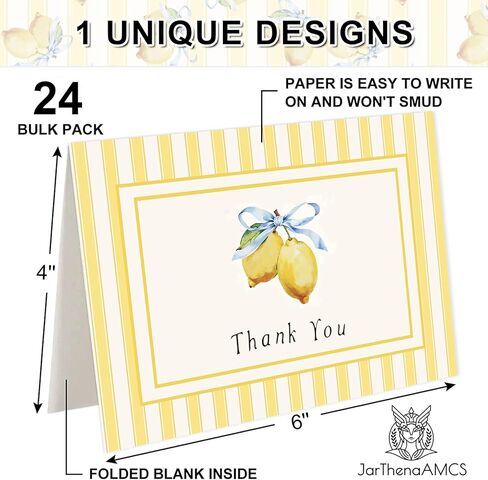 JarThenaAMCS 24 Pack Lemon Thank You Cards Yellow Stripe Lemon Bow Greeting Cards with Envelopes Stickers Blank Note Card for Summer Wedding Bridal Baby Shower Birthday Party, 4 x 6 Inch in Saudi Arabia