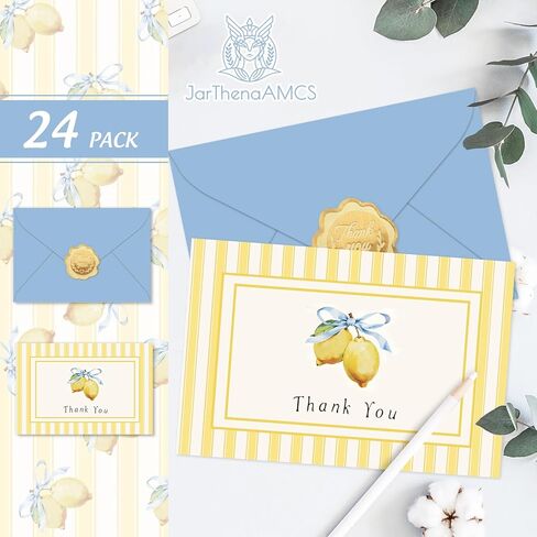 JarThenaAMCS 24 Pack Lemon Thank You Cards Yellow Stripe Lemon Bow Greeting Cards with Envelopes Stickers Blank Note Card for Summer Wedding Bridal Baby Shower Birthday Party, 4 x 6 Inch in Saudi Arabia