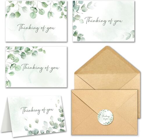 24 Thinking of You Cards with Envelopes, 4x6 Inch Watercolor Eucalyptus Leaves 4 Designs, Note Greeting Encouragement Sympathy Condolences Card for Family, Friends - Blank Inside in Saudi Arabia