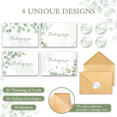 24 Thinking of You Cards with Envelopes, 4x6 Inch Watercolor Eucalyptus Leaves 4 Designs, Note Greeting Encouragement Sympathy Condolences Card for Family, Friends - Blank Inside in Saudi Arabia