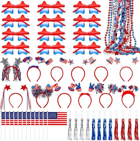 66 Pcs 4th of July Accessories, Patriotic Party Supplies, American Flags Memorial Headbands Star Necklace Glasses Flag Foil Horns for Independence Day Celebrations Parade 250 Anniversary in Saudi Arabia