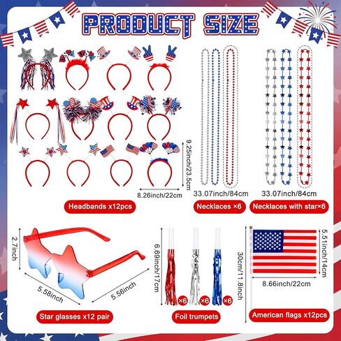 66 Pcs 4th of July Accessories, Patriotic Party Supplies, American Flags Memorial Headbands Star Necklace Glasses Flag Foil Horns for Independence Day Celebrations Parade 250 Anniversary in Saudi Arabia
