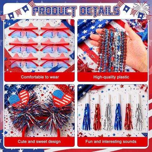 66 Pcs 4th of July Accessories, Patriotic Party Supplies, American Flags Memorial Headbands Star Necklace Glasses Flag Foil Horns for Independence Day Celebrations Parade 250 Anniversary in Saudi Arabia