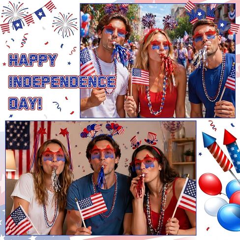 66 Pcs 4th of July Accessories, Patriotic Party Supplies, American Flags Memorial Headbands Star Necklace Glasses Flag Foil Horns for Independence Day Celebrations Parade 250 Anniversary in Saudi Arabia