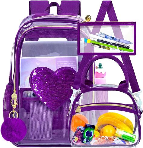 gxtvo 3PCS Girls Clear Backpack Heavy-Duty Set for Women & Teen, 17" See Through Bookbag with Luxurious Gold Zipper, Deep Purple Sequins Transparent School Bag in Saudi Arabia