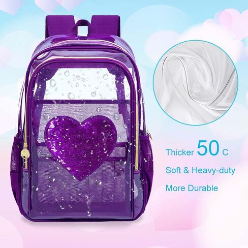 gxtvo 3PCS Girls Clear Backpack Heavy-Duty Set for Women & Teen, 17" See Through Bookbag with Luxurious Gold Zipper, Deep Purple Sequins Transparent School Bag in Saudi Arabia