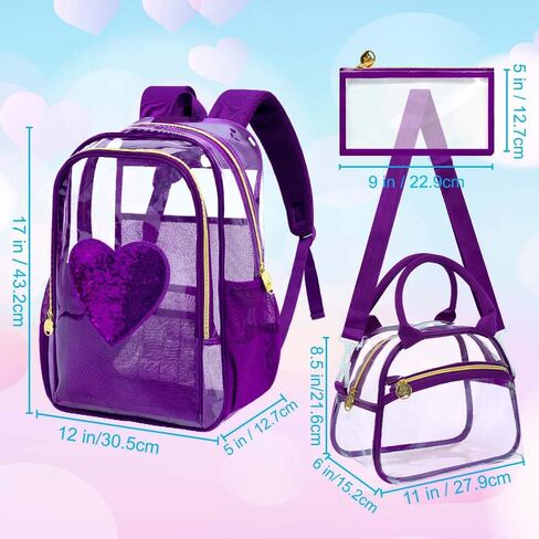 gxtvo 3PCS Girls Clear Backpack Heavy-Duty Set for Women & Teen, 17" See Through Bookbag with Luxurious Gold Zipper, Deep Purple Sequins Transparent School Bag in Saudi Arabia