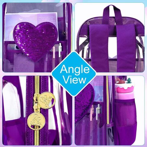 gxtvo 3PCS Girls Clear Backpack Heavy-Duty Set for Women & Teen, 17" See Through Bookbag with Luxurious Gold Zipper, Deep Purple Sequins Transparent School Bag in Saudi Arabia