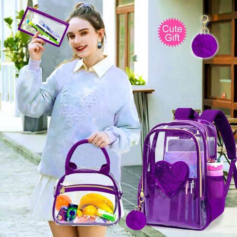 gxtvo 3PCS Girls Clear Backpack Heavy-Duty Set for Women & Teen, 17" See Through Bookbag with Luxurious Gold Zipper, Deep Purple Sequins Transparent School Bag in Saudi Arabia
