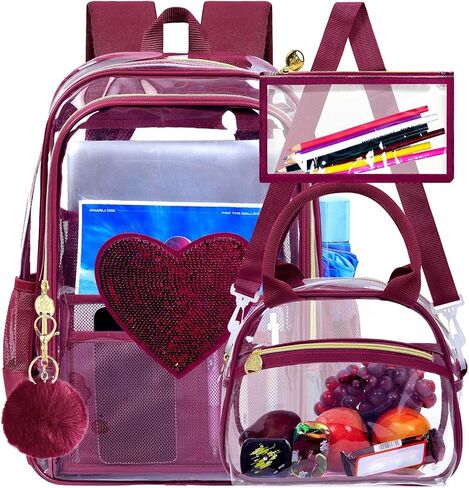 gxtvo 3PCS Girls Clear Backpack Heavy-Duty Set for Women & Teen, 17" See Through Bookbag with Luxurious Gold Zipper, Deep Purple Sequins Transparent School Bag in Saudi Arabia