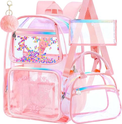 gxtvo 3PCS Girls Clear Backpack Heavy-Duty Set for Women & Teen, 17" See Through Bookbag with Luxurious Gold Zipper, Deep Purple Sequins Transparent School Bag in Saudi Arabia