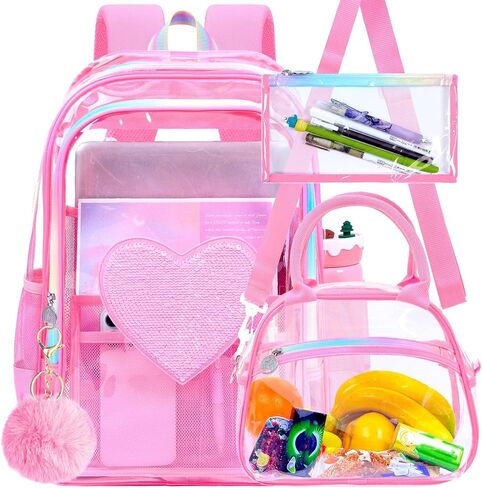 gxtvo 3PCS Girls Clear Backpack Heavy-Duty Set for Women & Teen, 17" See Through Bookbag with Luxurious Gold Zipper, Deep Purple Sequins Transparent School Bag in Saudi Arabia