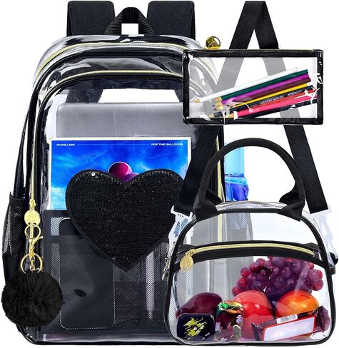 gxtvo 3PCS Girls Clear Backpack Heavy-Duty Set for Women & Teen, 17" See Through Bookbag with Luxurious Gold Zipper, Deep Purple Sequins Transparent School Bag in Saudi Arabia