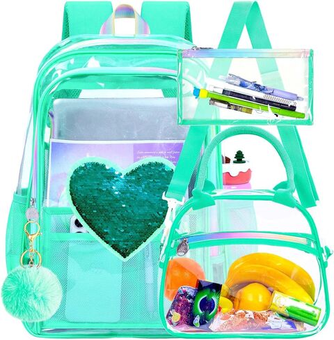 gxtvo 3PCS Girls Clear Backpack Heavy-Duty Set for Women & Teen, 17" See Through Bookbag with Luxurious Gold Zipper, Deep Purple Sequins Transparent School Bag in Saudi Arabia