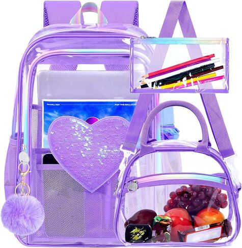 gxtvo 3PCS Girls Clear Backpack Heavy-Duty Set for Women & Teen, 17" See Through Bookbag with Luxurious Gold Zipper, Deep Purple Sequins Transparent School Bag in Saudi Arabia