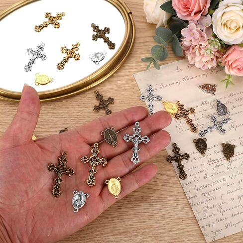180 Pcs Rosary Making Supplies Rosary Cross Charms and Center Miraculous Medal Metal Charms for Jewelry Making Our Lady Vintage Cross Crucifix Pendants Connector Charm for Bracelet Necklace DIY Crafts in Kuwait