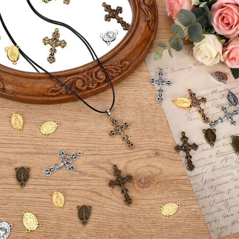 180 Pcs Rosary Making Supplies Rosary Cross Charms and Center Miraculous Medal Metal Charms for Jewelry Making Our Lady Vintage Cross Crucifix Pendants Connector Charm for Bracelet Necklace DIY Crafts in Kuwait