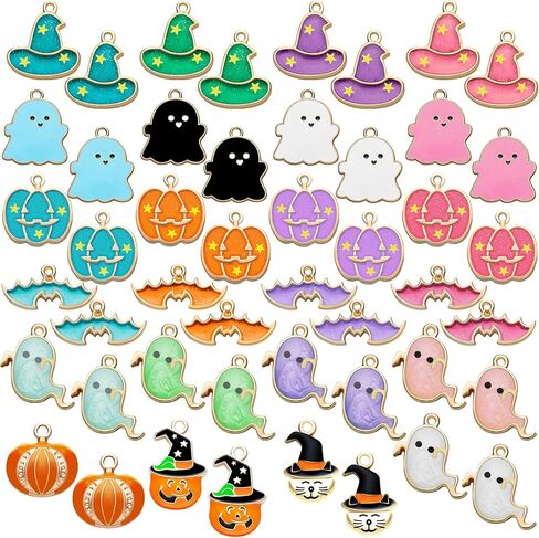 52 Pieces Halloween Beads Gold Earring Charms DIY Bat Cat Pumpkin Alloy Jewelry Making for Necklace Bracelet Keychain in Kuwait