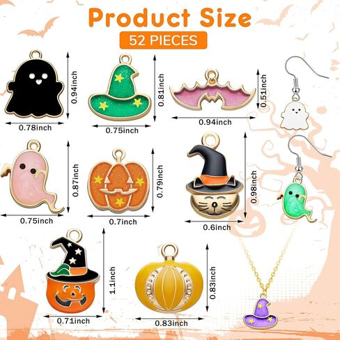 52 Pieces Halloween Beads Gold Earring Charms DIY Bat Cat Pumpkin Alloy Jewelry Making for Necklace Bracelet Keychain in Kuwait