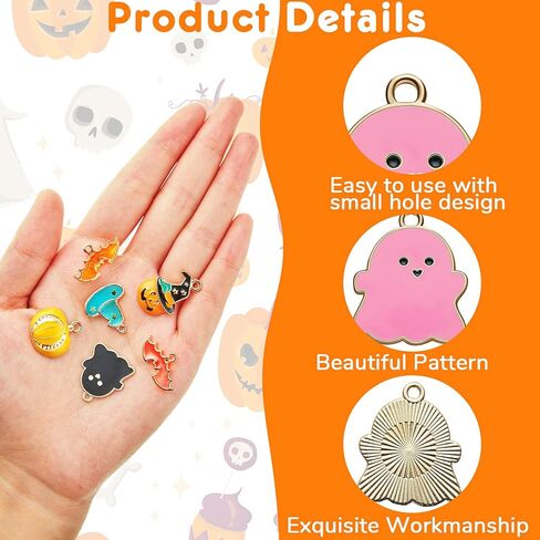 52 Pieces Halloween Beads Gold Earring Charms DIY Bat Cat Pumpkin Alloy Jewelry Making for Necklace Bracelet Keychain in Kuwait