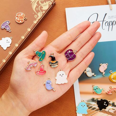 52 Pieces Halloween Beads Gold Earring Charms DIY Bat Cat Pumpkin Alloy Jewelry Making for Necklace Bracelet Keychain in Kuwait