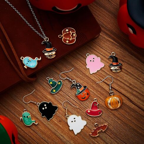 52 Pieces Halloween Beads Gold Earring Charms DIY Bat Cat Pumpkin Alloy Jewelry Making for Necklace Bracelet Keychain in Kuwait