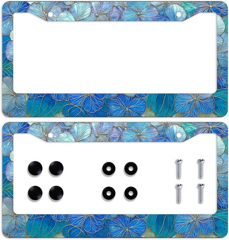2Pcs Stained Glass Flowers License Plate Frame Blue Floral License Plate Frames Personalise License Plate Frames Stainless Steel Metal Car Plates Tag Funny Decor Men Women 12.2 X 6.3 Inch in Saudi Arabia