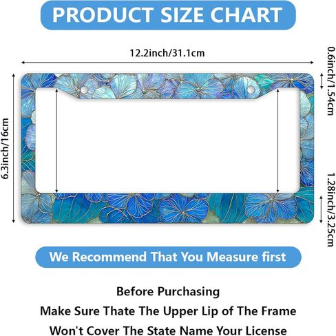 2Pcs Stained Glass Flowers License Plate Frame Blue Floral License Plate Frames Personalise License Plate Frames Stainless Steel Metal Car Plates Tag Funny Decor Men Women 12.2 X 6.3 Inch in Saudi Arabia
