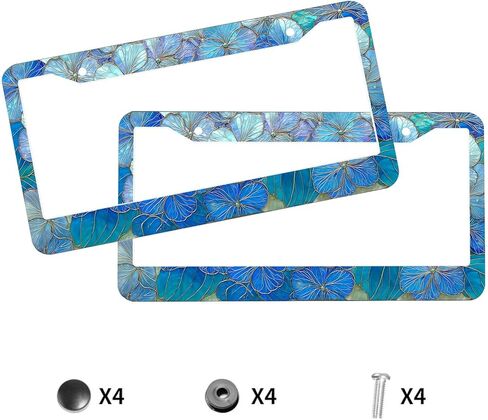 2Pcs Stained Glass Flowers License Plate Frame Blue Floral License Plate Frames Personalise License Plate Frames Stainless Steel Metal Car Plates Tag Funny Decor Men Women 12.2 X 6.3 Inch in Saudi Arabia