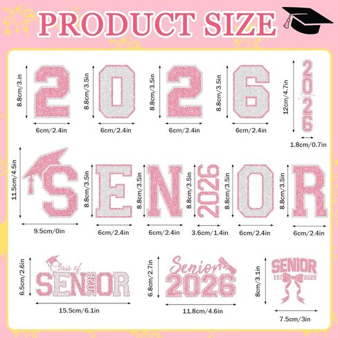 AUGSUN Graduation Iron on Transfers, 2026 Graduation Iron on Decals Senior Class of 2026 Iron on Patches Decal Glitter Heat Transfer Stickers for Fabric Clothing Bag Cap Jeans DIY Crafts in Kuwait