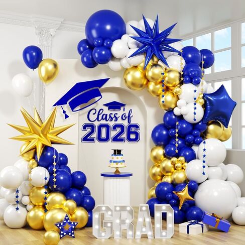 Graduation Balloon Arch Kit 2026 Blue and Gold Balloon Garland Royal Blue Gold White Balloons with Star Foil for Congrats Grad Class Retirement Prom Birthday Wedding Party Decorations, 107Pcs in Saudi Arabia