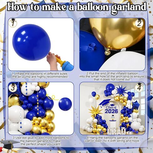 Graduation Balloon Arch Kit 2026 Blue and Gold Balloon Garland Royal Blue Gold White Balloons with Star Foil for Congrats Grad Class Retirement Prom Birthday Wedding Party Decorations, 107Pcs in Saudi Arabia