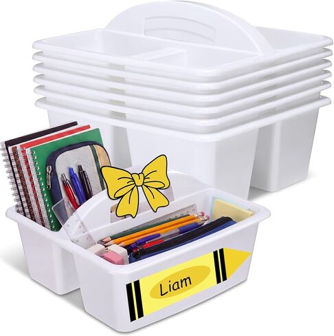 DoubleFill 6 White Classroom Caddy Organizer with 12 Bow Labels & 6 Writable Crayon Stickers, Stackable 3 Compartment Desk Totes Portable Teacher Storage Caddy with Handle for Classroom Desk Office in Saudi Arabia