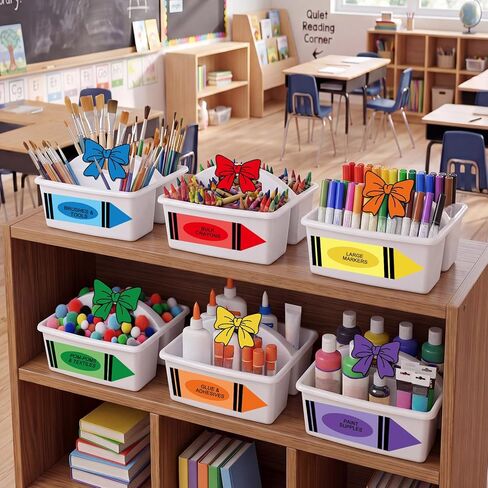 DoubleFill 6 White Classroom Caddy Organizer with 12 Bow Labels & 6 Writable Crayon Stickers, Stackable 3 Compartment Desk Totes Portable Teacher Storage Caddy with Handle for Classroom Desk Office in Saudi Arabia