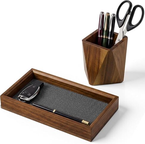 Marspark Walnut Desk Tray with Pen Holder Set, Non-Slip Desk Tray and Pencil Holder Set with Felt Lined, Natural Wooden Desktop Drawer Organizer Office, Organizer Trays for Keys, Pen, Watch in Kuwait