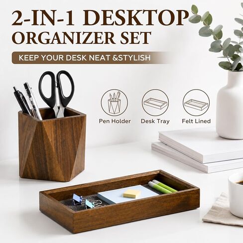 Marspark Walnut Desk Tray with Pen Holder Set, Non-Slip Desk Tray and Pencil Holder Set with Felt Lined, Natural Wooden Desktop Drawer Organizer Office, Organizer Trays for Keys, Pen, Watch in Kuwait