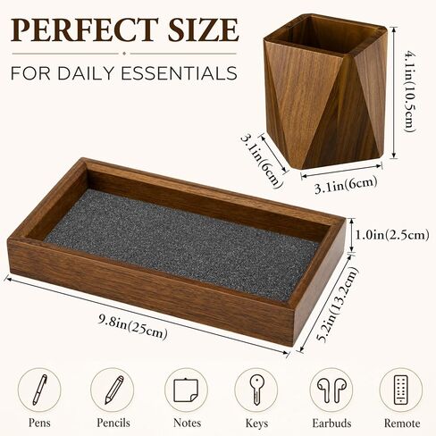 Marspark Walnut Desk Tray with Pen Holder Set, Non-Slip Desk Tray and Pencil Holder Set with Felt Lined, Natural Wooden Desktop Drawer Organizer Office, Organizer Trays for Keys, Pen, Watch in Kuwait