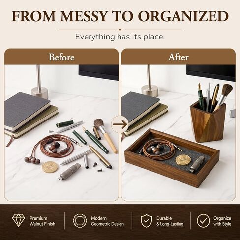 Marspark Walnut Desk Tray with Pen Holder Set, Non-Slip Desk Tray and Pencil Holder Set with Felt Lined, Natural Wooden Desktop Drawer Organizer Office, Organizer Trays for Keys, Pen, Watch in Kuwait