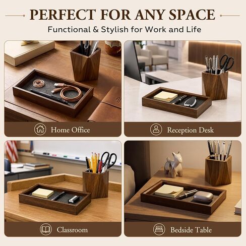 Marspark Walnut Desk Tray with Pen Holder Set, Non-Slip Desk Tray and Pencil Holder Set with Felt Lined, Natural Wooden Desktop Drawer Organizer Office, Organizer Trays for Keys, Pen, Watch in Kuwait