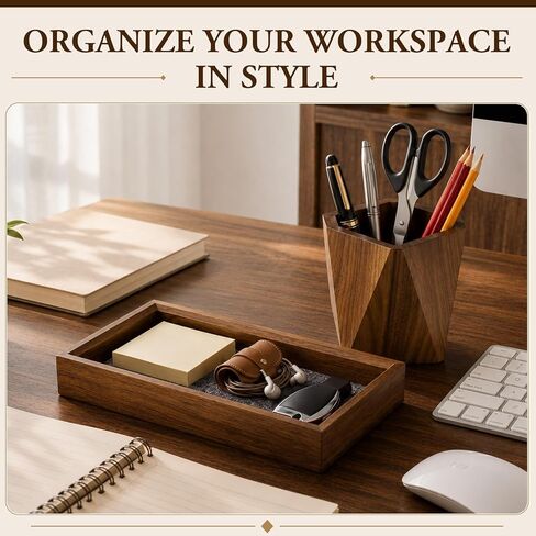 Marspark Walnut Desk Tray with Pen Holder Set, Non-Slip Desk Tray and Pencil Holder Set with Felt Lined, Natural Wooden Desktop Drawer Organizer Office, Organizer Trays for Keys, Pen, Watch in Kuwait